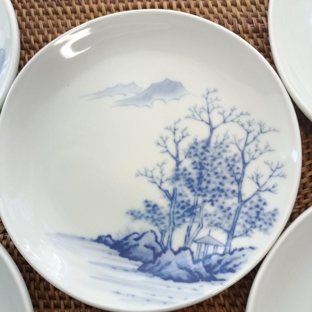 青い風景画の皿 5枚セット 青い風景画の陶磁器皿 約22cm